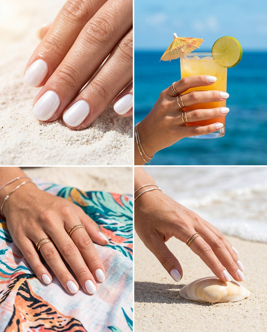 Pearlescent White Milk Bath Oval nails for vacation nails summer 2026. Romantic, ethereal white pearlescent.