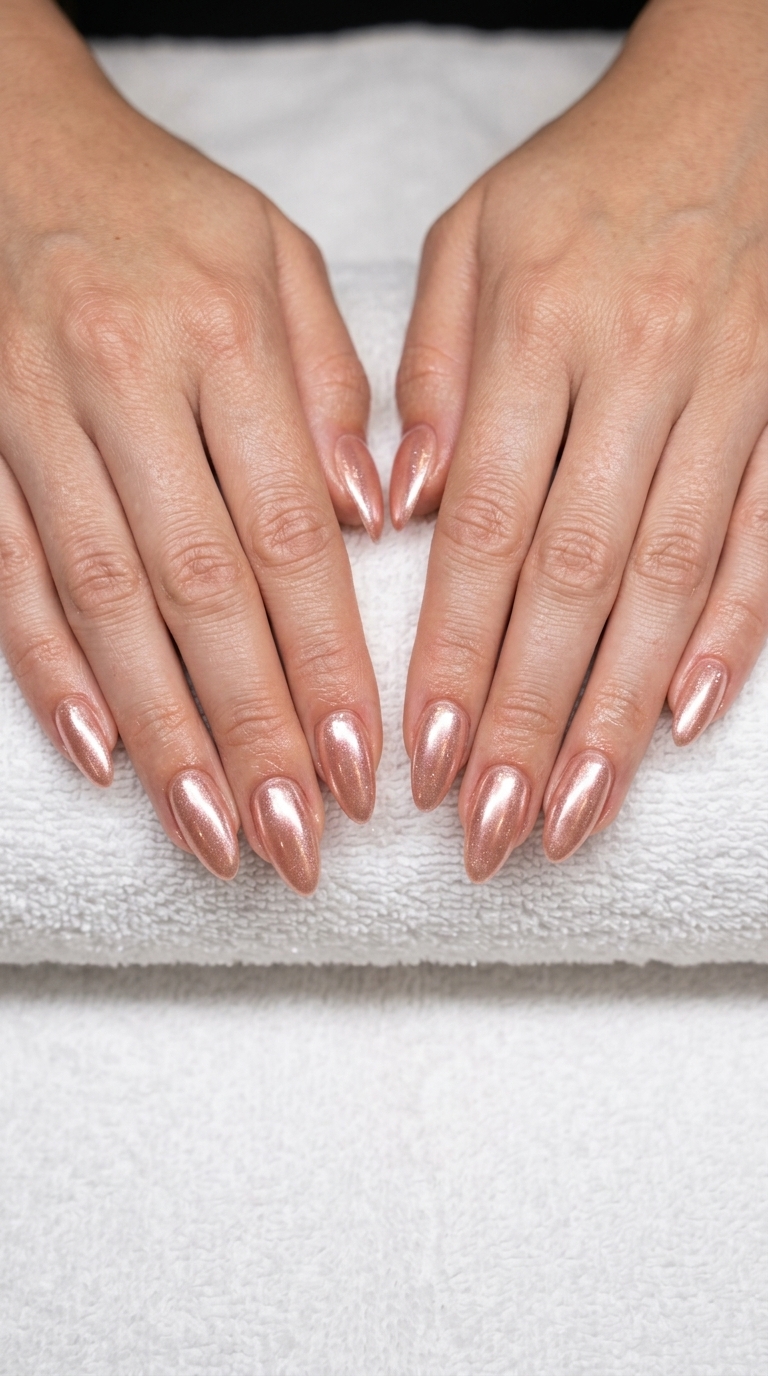 Rose Gold Glazed Dream nails for vacation nails summer 2026. Glamorous and luxurious shimmering look.