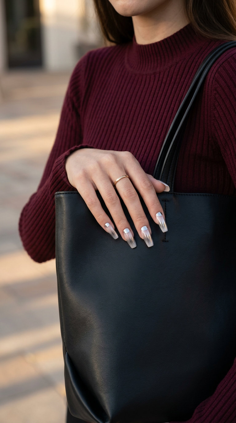 Silver Chrome Reverse French Fade nails for vacation nails summer 2026. Edgy silver chrome accent nails.