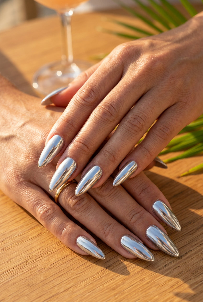 90s Silver Mirror Chrome Stiletto nails for vacation nails summer 2026, edgy party look.