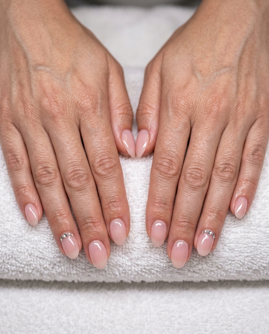 Sparkling Pink Sophistication nails for vacation nails summer 2026. Elegant pink with rhinestone accents.