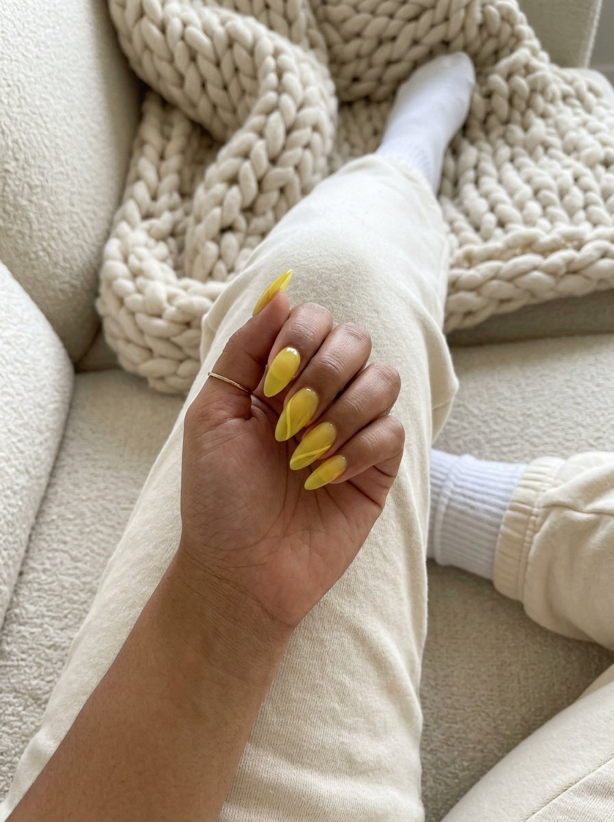 Sun-Kissed Yellow Jelly Lines nails for vacation nails summer 2026. Cheerful yellow lines on milky base.