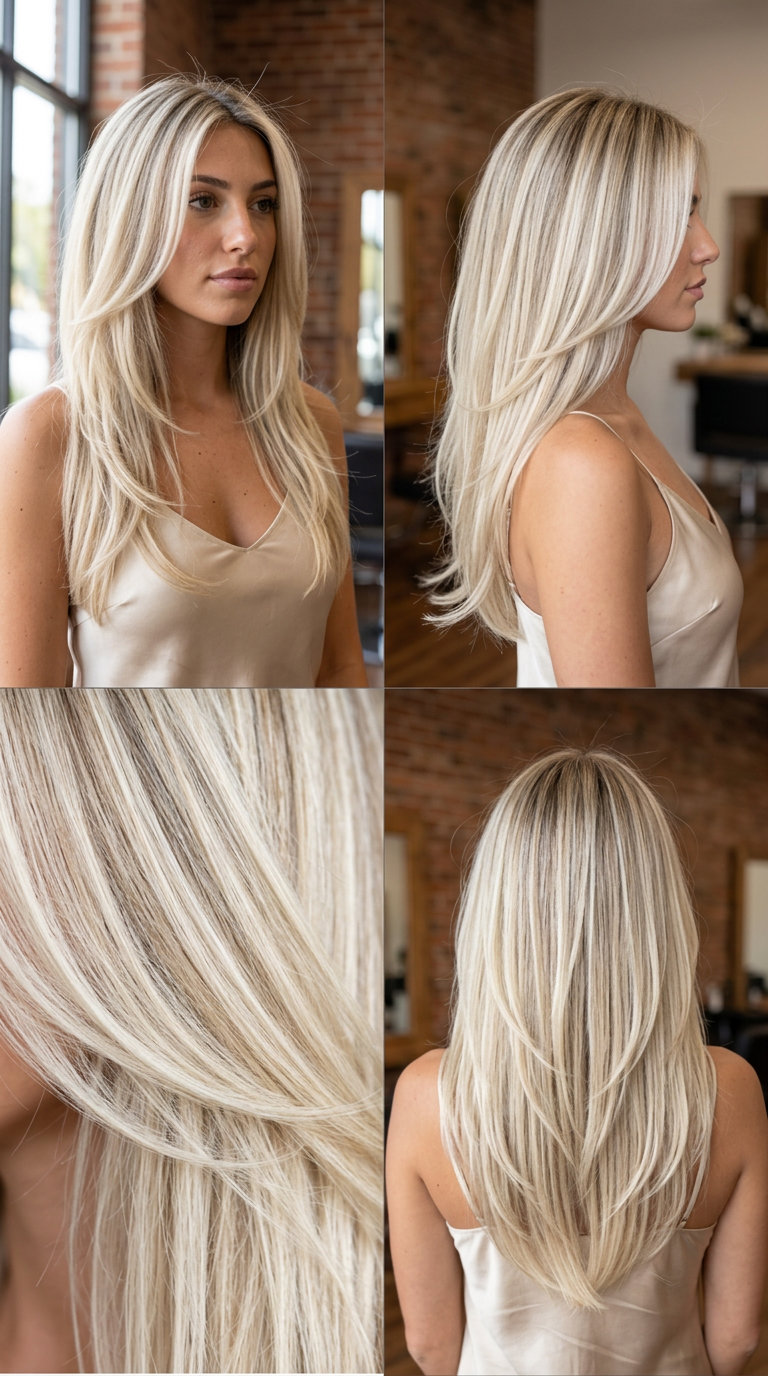 long vanilla bean blonde haircut with creamy white blonde and dark blonde lowlights, babylights, and root smudge — glamorous