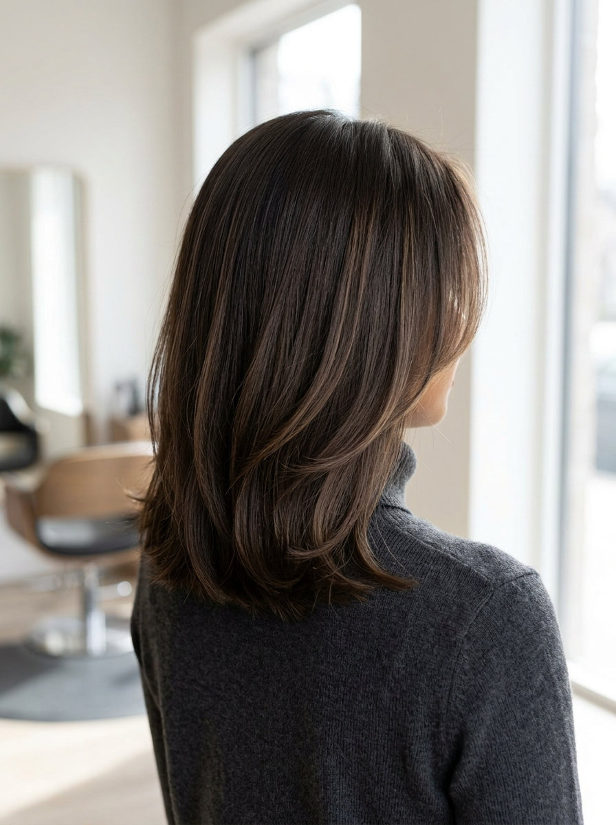 Velvet Espresso Face-Framing 2026: Understated Chic long layered mocha hair color with matte dark espresso, face-framing pieces — modern minimalist look