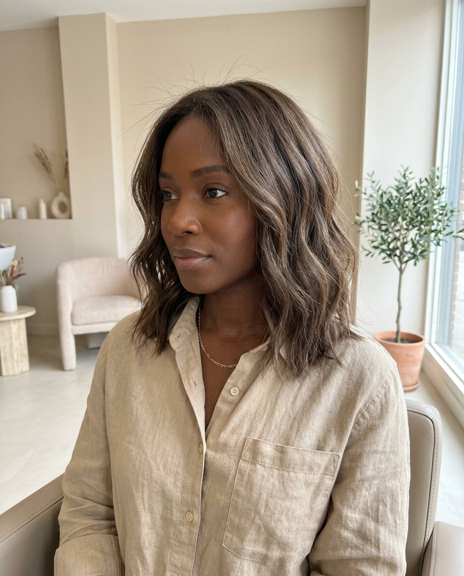 Velvet Espresso Scattered Lowlights 2026 long layered mocha espresso hair color with scattered lowlights, micro-foil, soft chic mood
