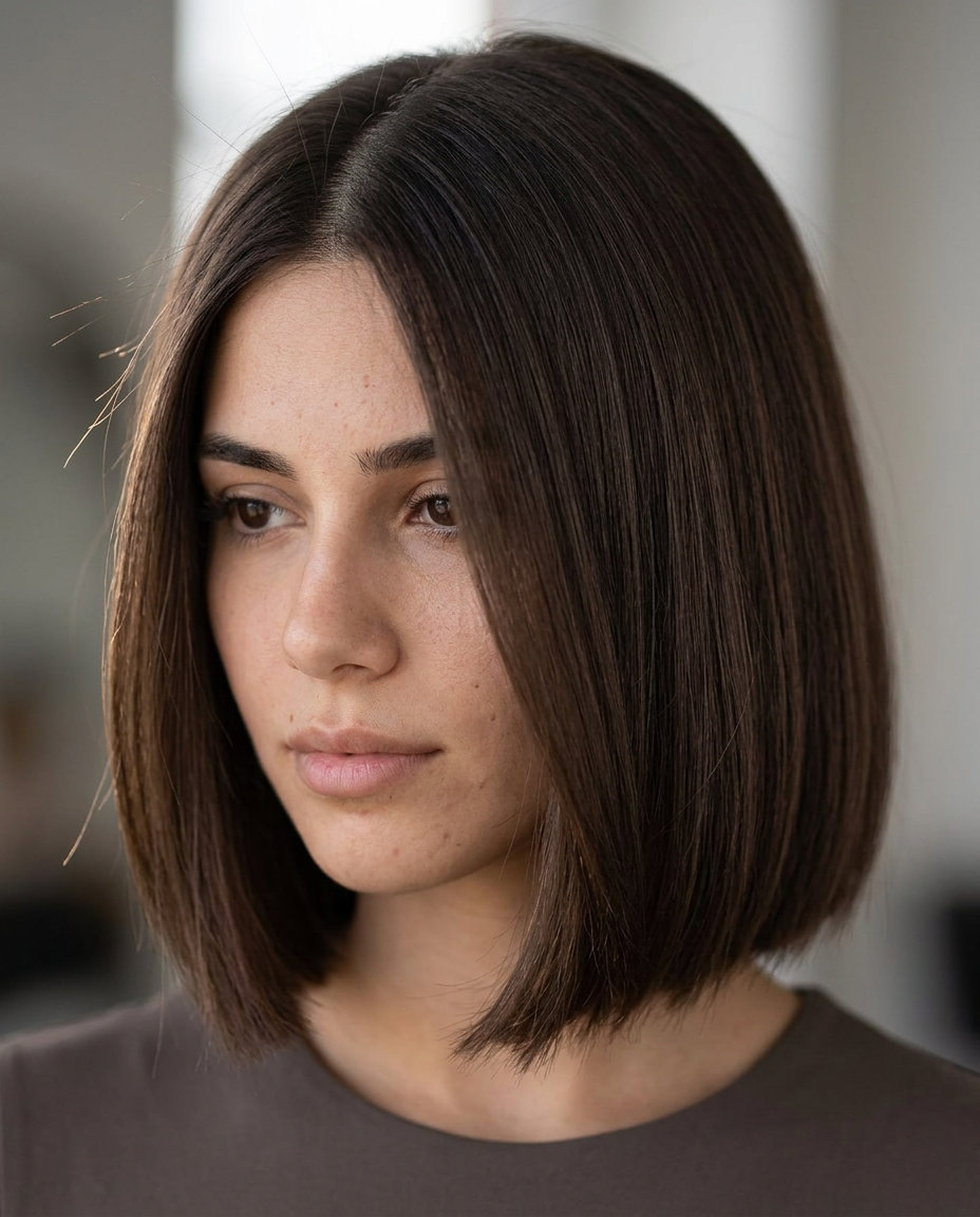 chin-length velvet mocha bob with blunt perimeter and sculpted lines for bold look