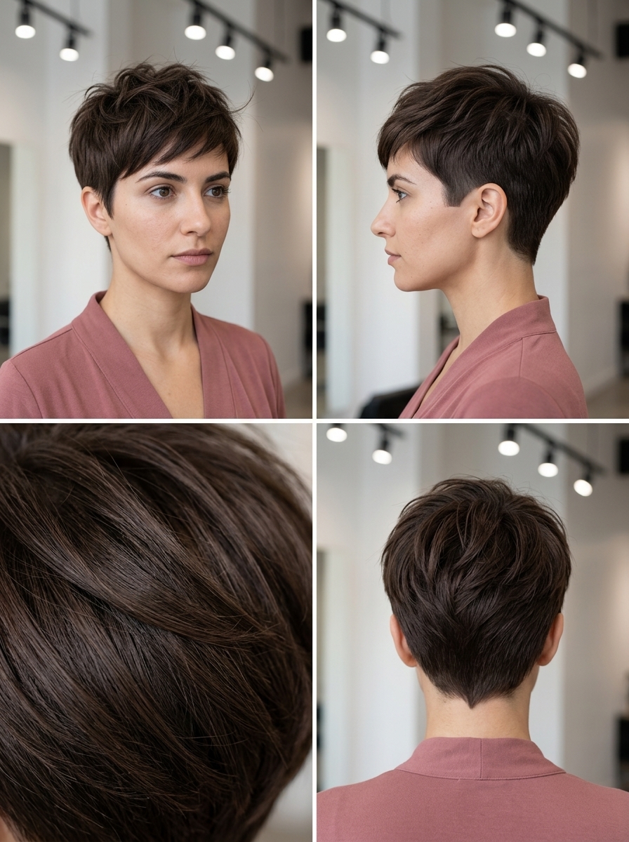 short velvet mocha sculpted crop with clipper faded sides and piecey top layers for edgy look