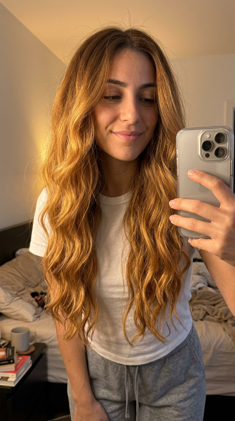 extra-long wavy honey blonde hair with copper-gold ribbons, long layers — glamorous date night