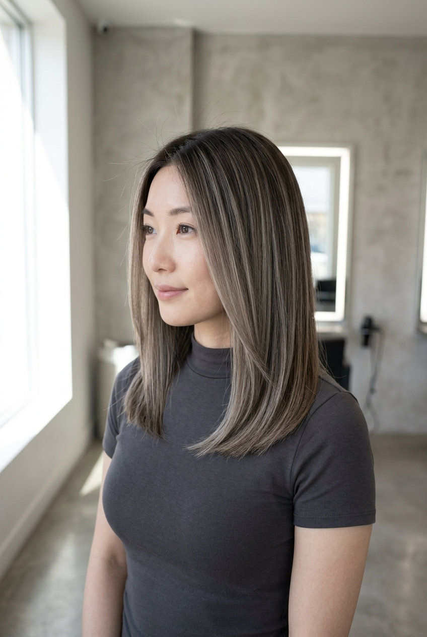 long walnut brown with ash blonde highlights, smoky grey undertones — edgy urban summer nights