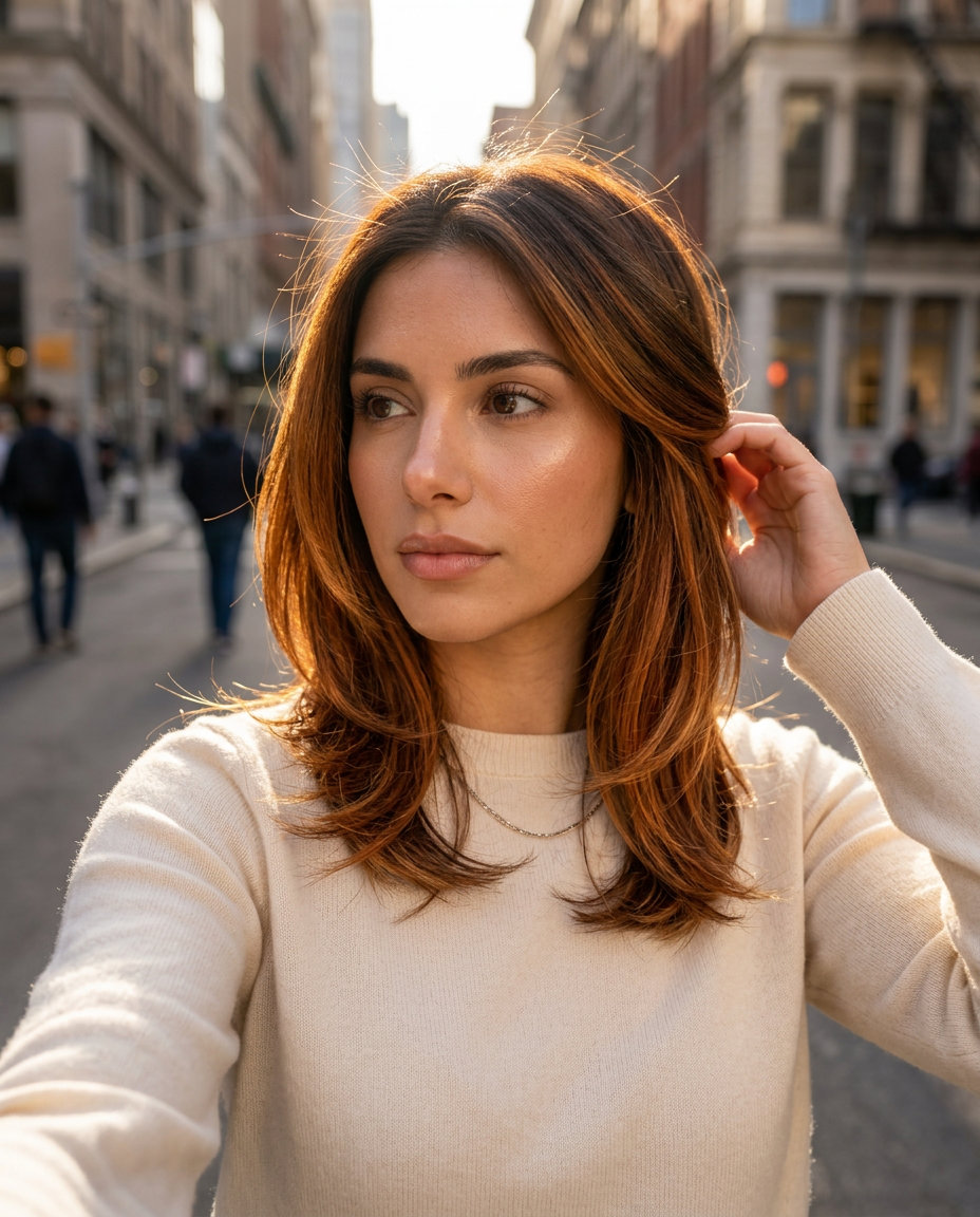 long layered haircut with warm amber balayage highlights and chocolate brown base, balayage technique for romantic