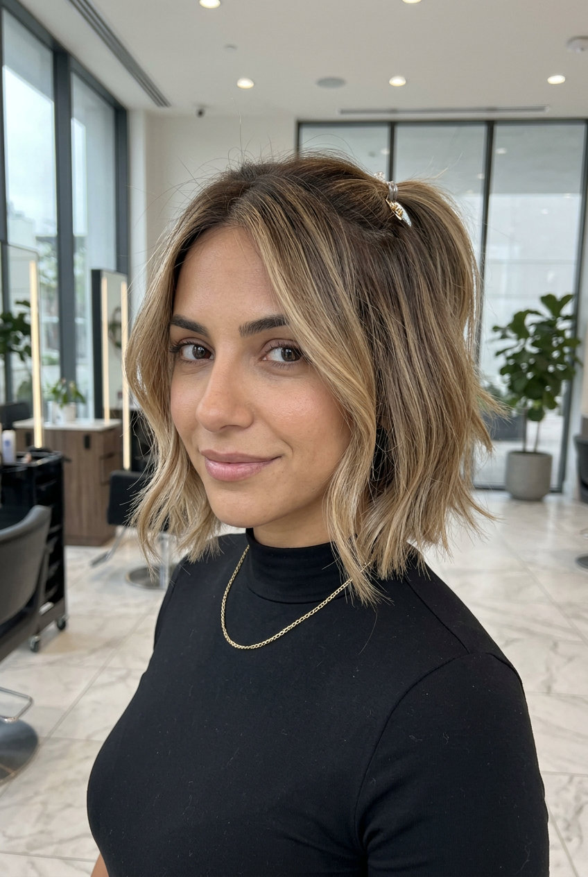 shoulder-length bob ponytail with warm beige balayage and face-framing highlights for summer 2026