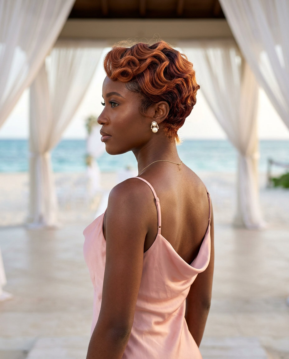 short warm copper-red pixie with pin-curls and no fringe for retro glamour