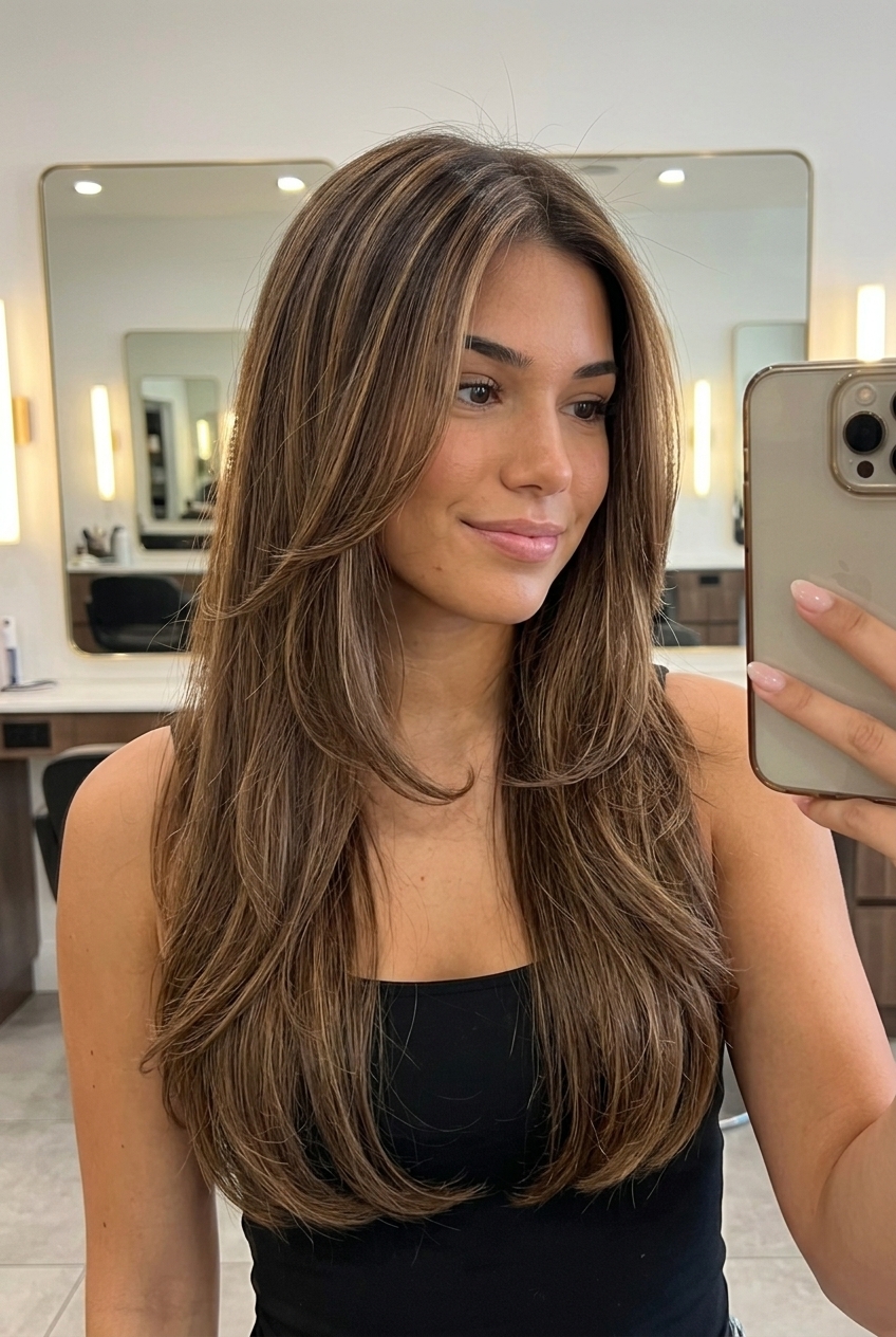 long layered cut with warm mocha, golden babylights, face-framing layers for romantic style