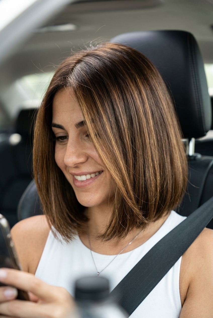 neck-length Italian bob with warm mocha, golden brown ribbons, no bangs for casual chic