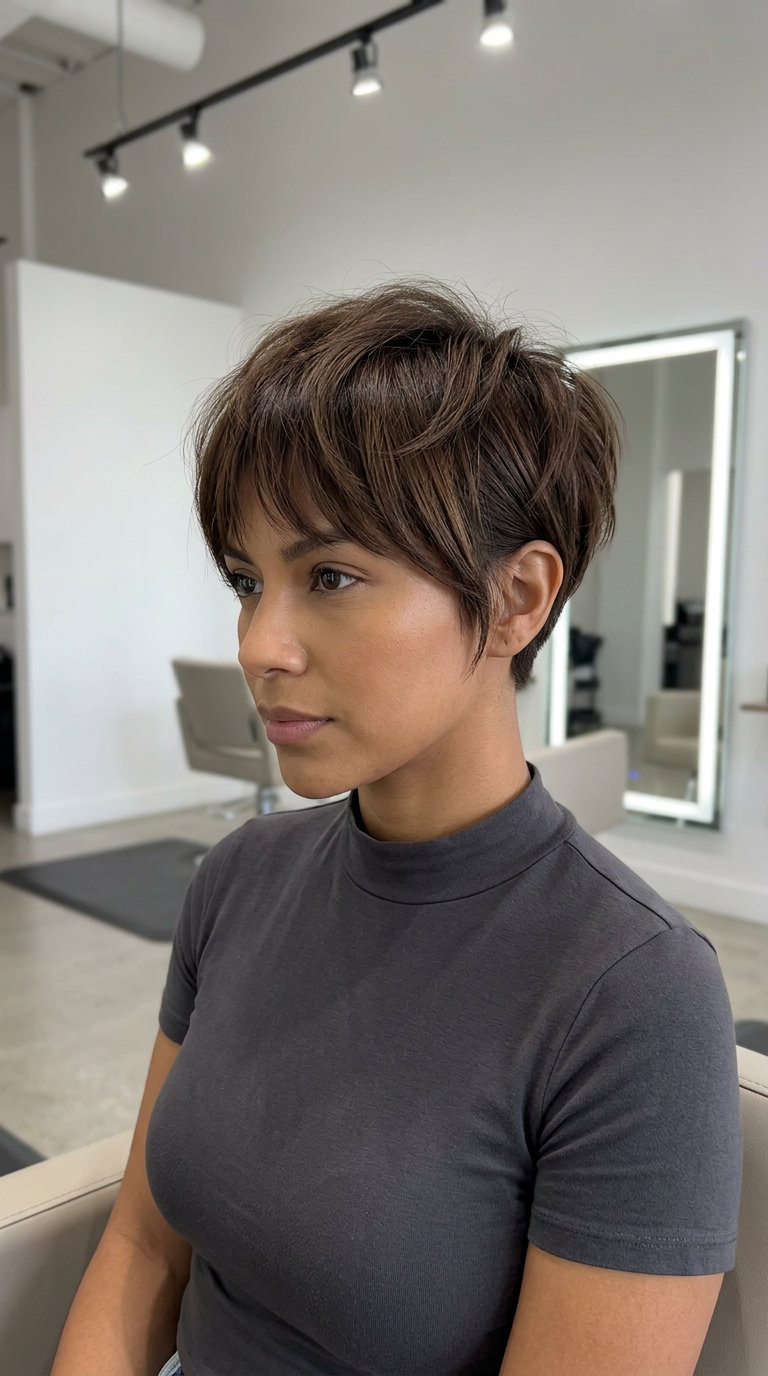 short razored pixie haircut with warm mocha brunette, textured layers, wispy bangs for summer
