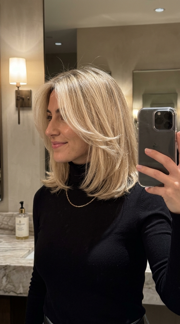 shoulder-length warm vanilla blonde haircut with creamy white blonde and gold lowlights, babylights, and root smudge — effortless