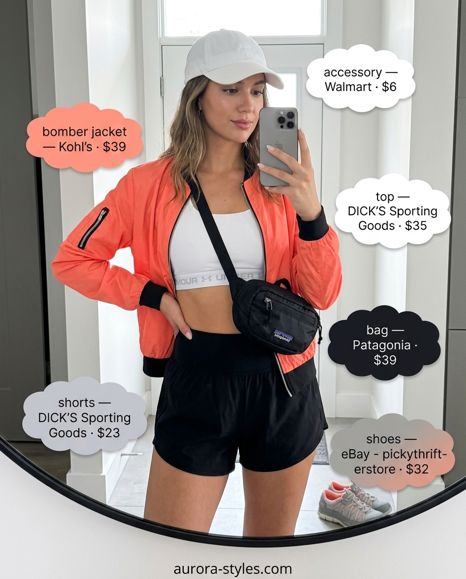 What to Wear with Bomber Jacket Summer 2026: Active outfit with coral bomber, athletic shorts, and sneakers.