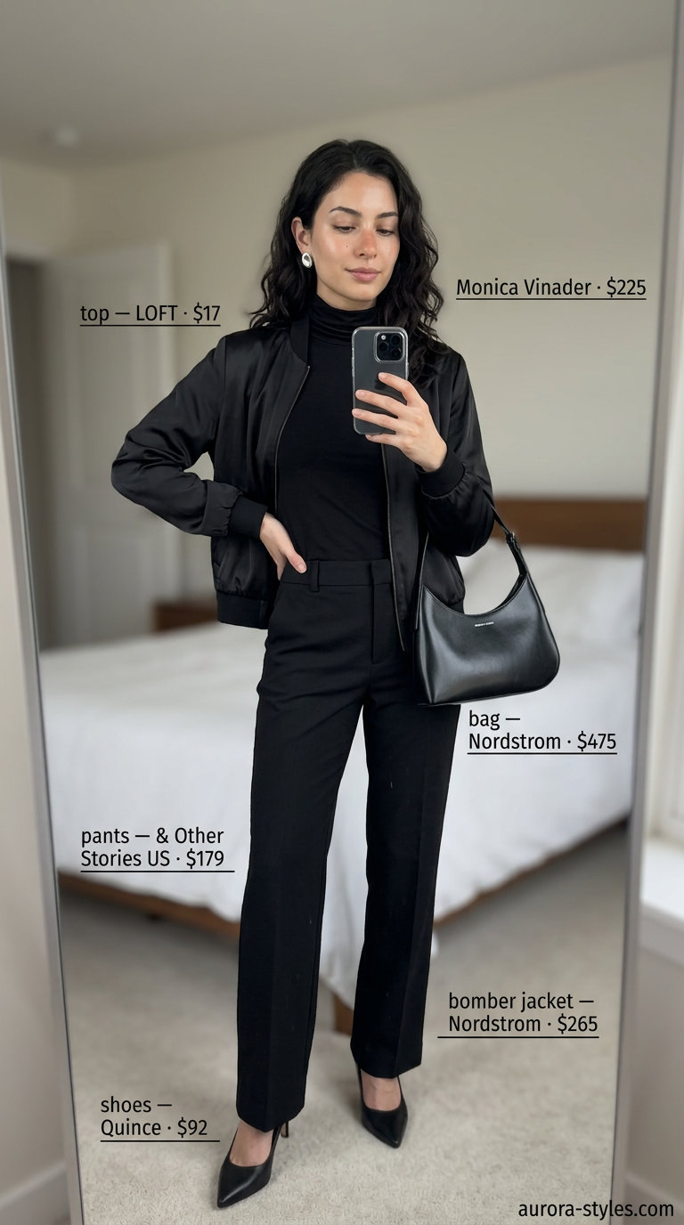 What to Wear with Bomber Jacket Summer 2026: Monochromatic black outfit with satin bomber, trousers & heels.