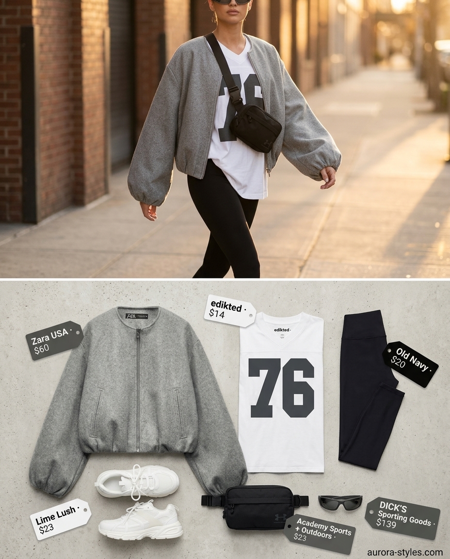 Grey bomber jacket outfit with black leggings, graphic tee, and chunky sneakers for summer 2026.