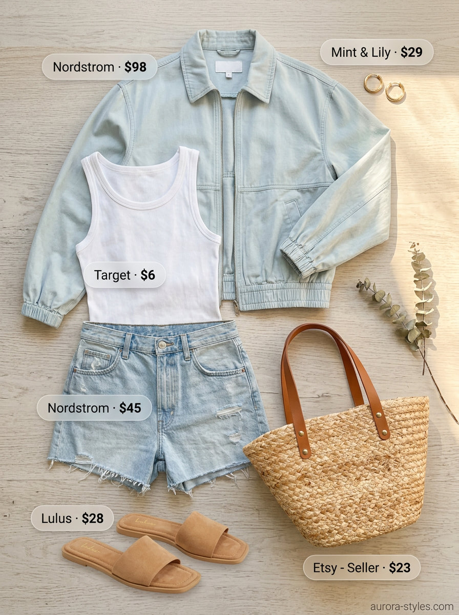 Pastel blue cropped bomber jacket with denim shorts, white tank, and tan sandals for summer 2026.