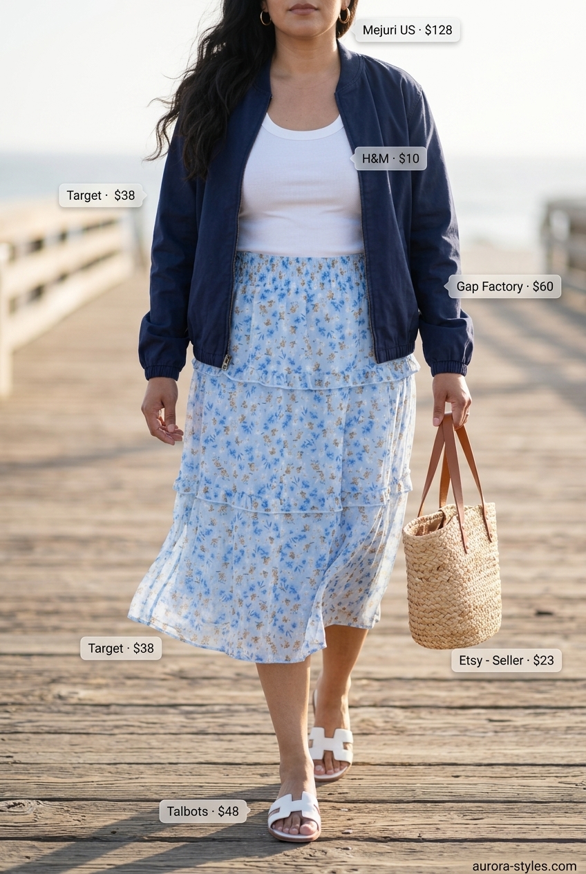What to Wear with Bomber Jacket Summer 2026: Coastal casual outfit with navy bomber, floral skirt, and slides.
