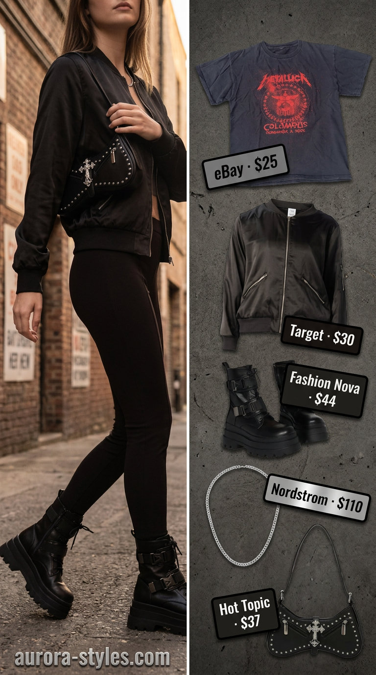 Black satin bomber jacket with faux leather shorts, band tee, and combat boots for summer 2026.