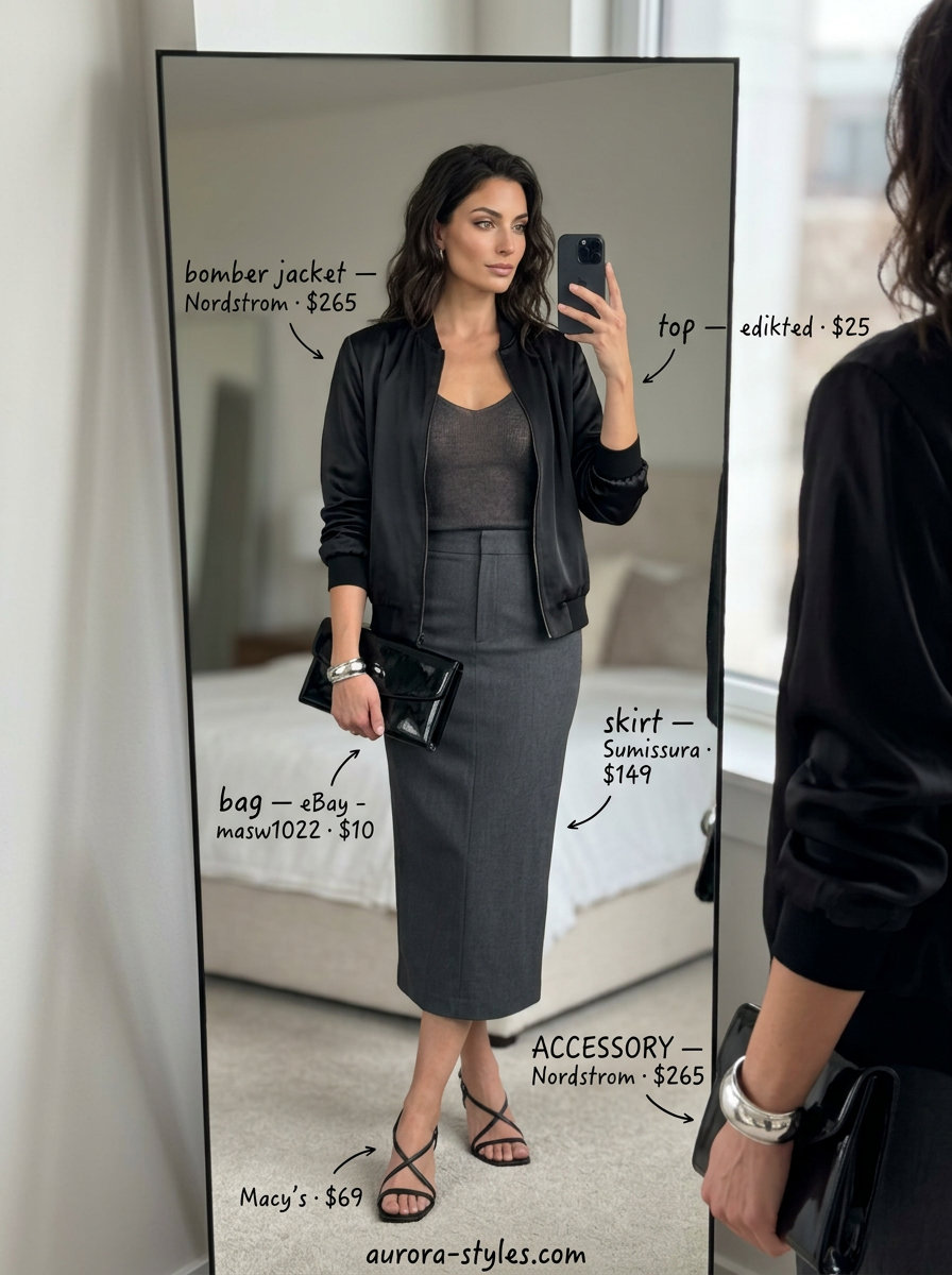 What to Wear with Bomber Jacket Summer 2026: Edgy night out look with black satin bomber, pencil skirt, and silver top.