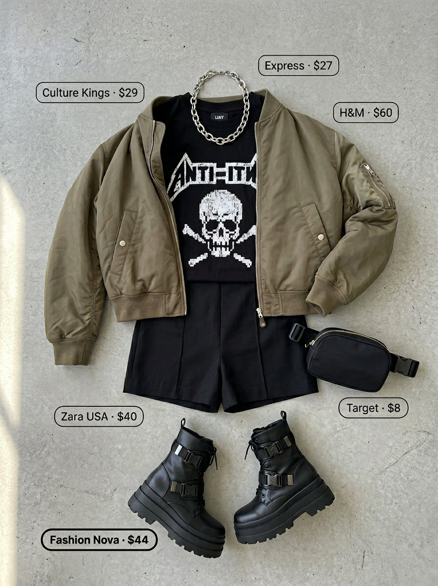 What to Wear with Bomber Jacket Summer 2026: Edgy concert outfit with graphic tee, khaki bomber, black shorts & combat boots.