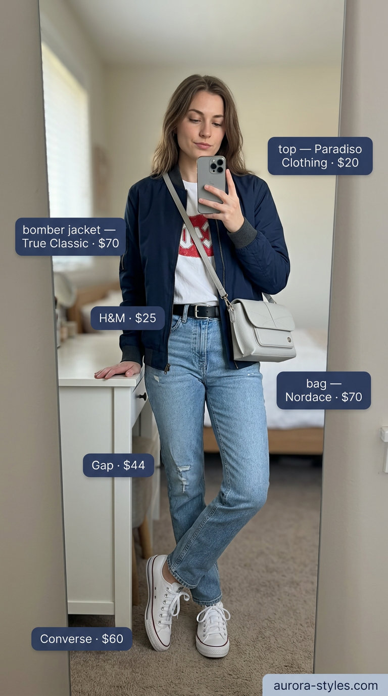 What to Wear with Bomber Jacket Summer 2026: Casual cool outfit with graphic tee, straight-leg jeans & navy bomber jacket.