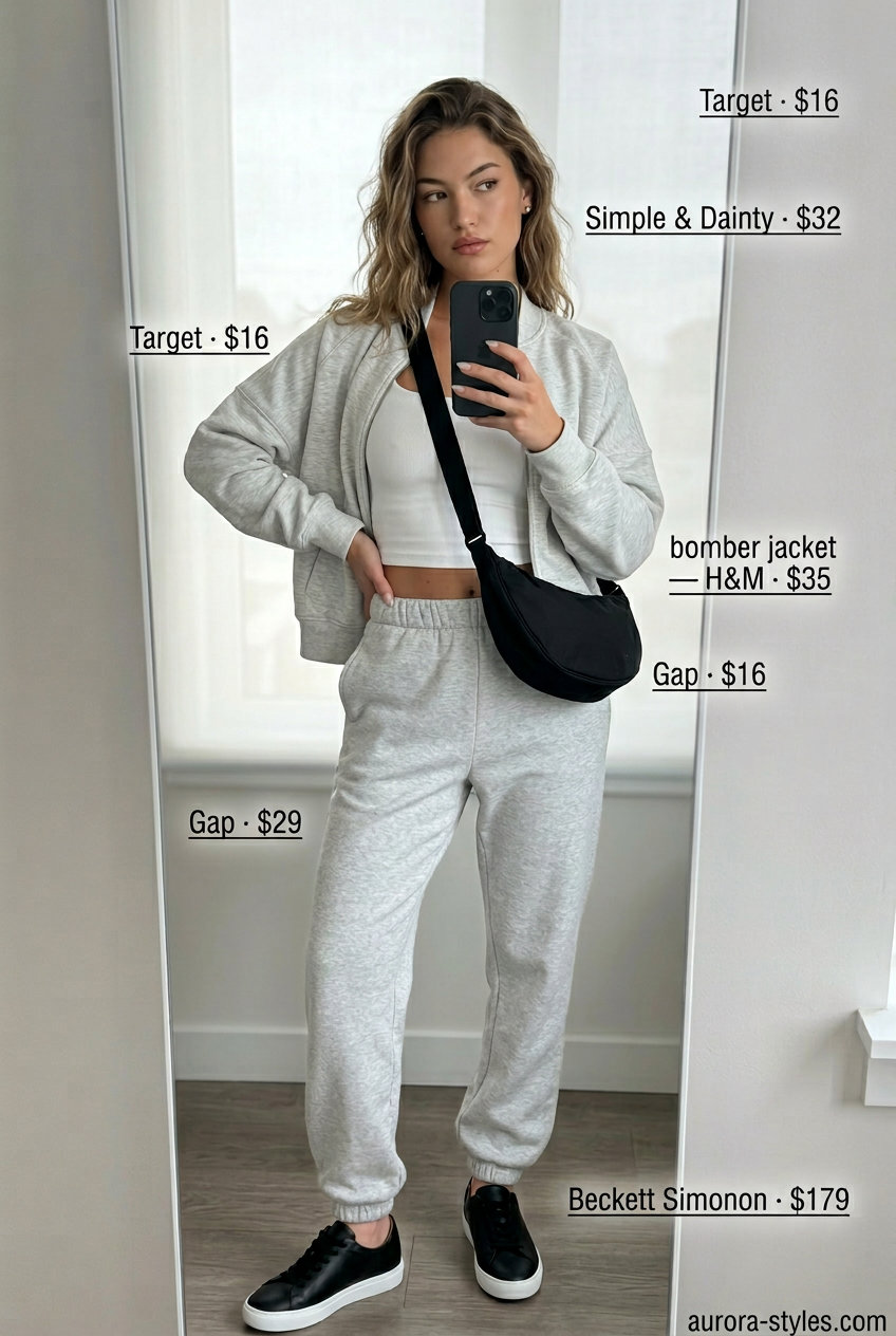What to Wear with Bomber Jacket Summer 2026: Sporty athleisure outfit with grey bomber, joggers & cropped tank.