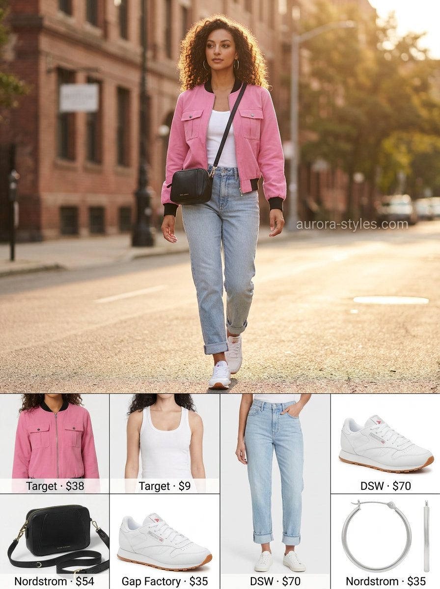 What to Wear with Bomber Jacket Summer 2026: Bold outfit with hot pink bomber, white jeans & black tank top.