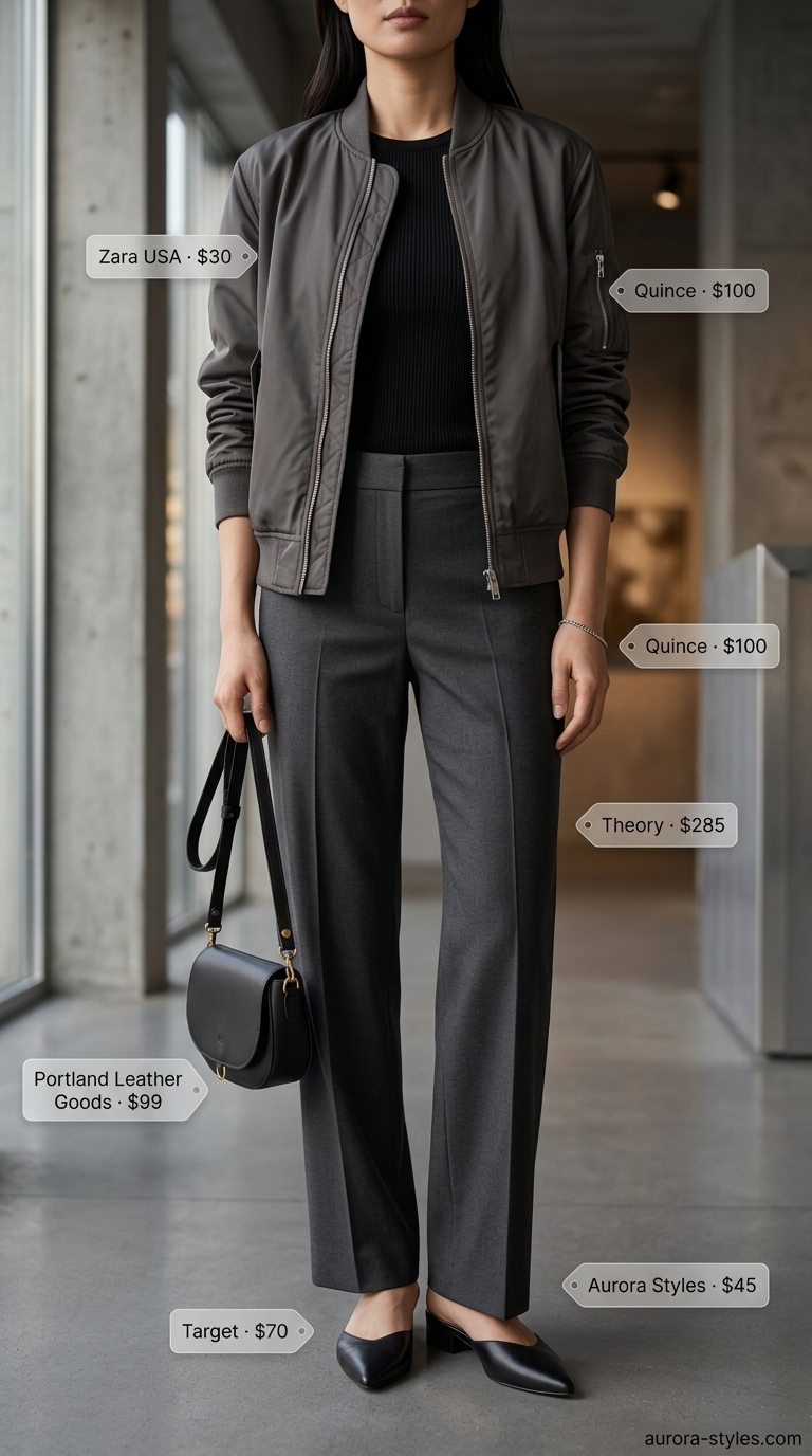 What to Wear with Bomber Jacket Summer 2026: Modern minimalist outfit with charcoal bomber, tailored pants, and knit top.