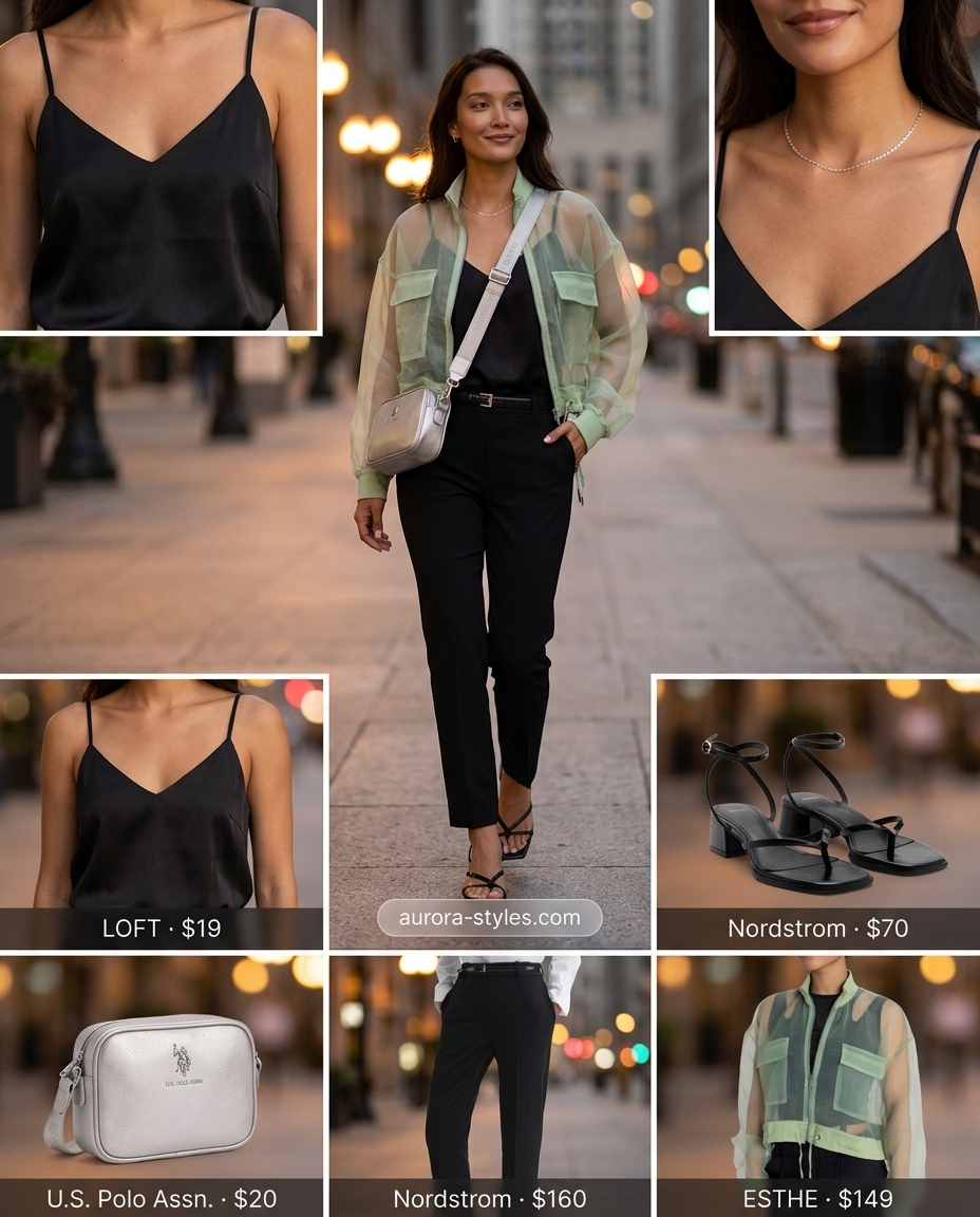 What to Wear with Bomber Jacket Summer 2026: Chic evening outfit with sheer bomber, satin cami, trousers & heels.