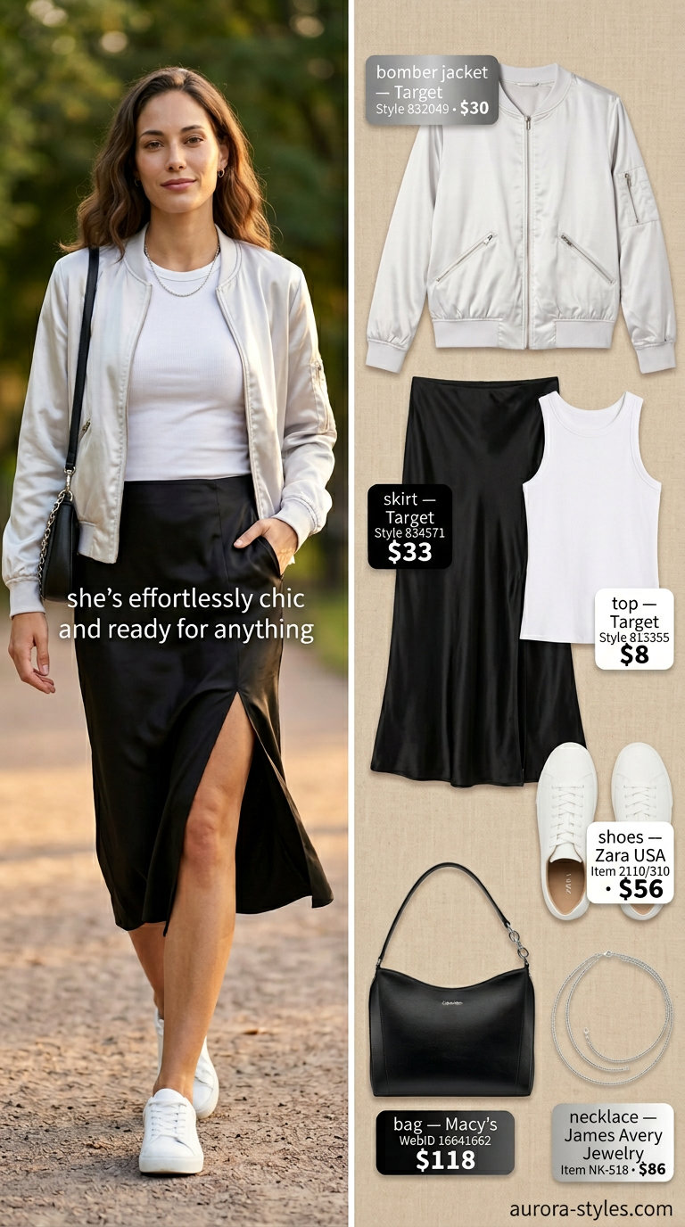 Cropped satin bomber jacket with black midi skirt, white tank, and sneakers for summer 2026.
