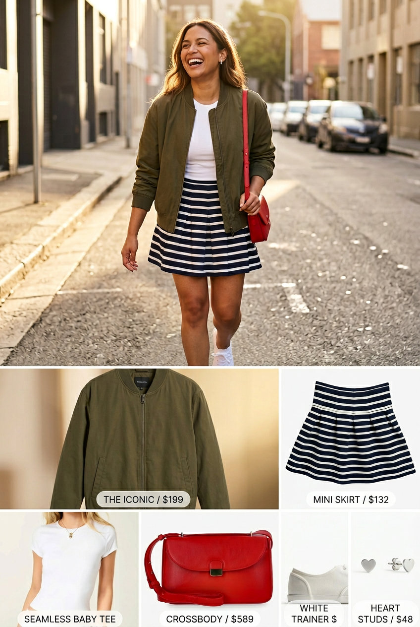 What to Wear with Bomber Jacket Summer 2026: Playful mini skirt outfit with striped skirt, graphic tee & khaki bomber.