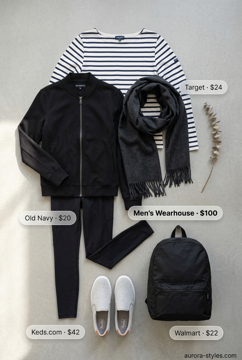 What to Wear with Bomber Jacket Summer 2026: Travel outfit with black bomber, striped tee, leggings, and sneakers.