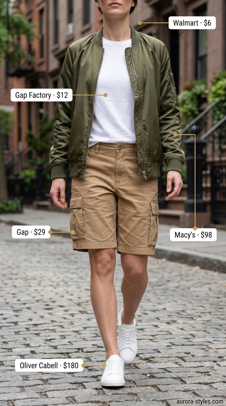 What to Wear with Bomber Jacket Summer 2026: Urban explorer outfit with olive bomber, cargo shorts, and sneakers.