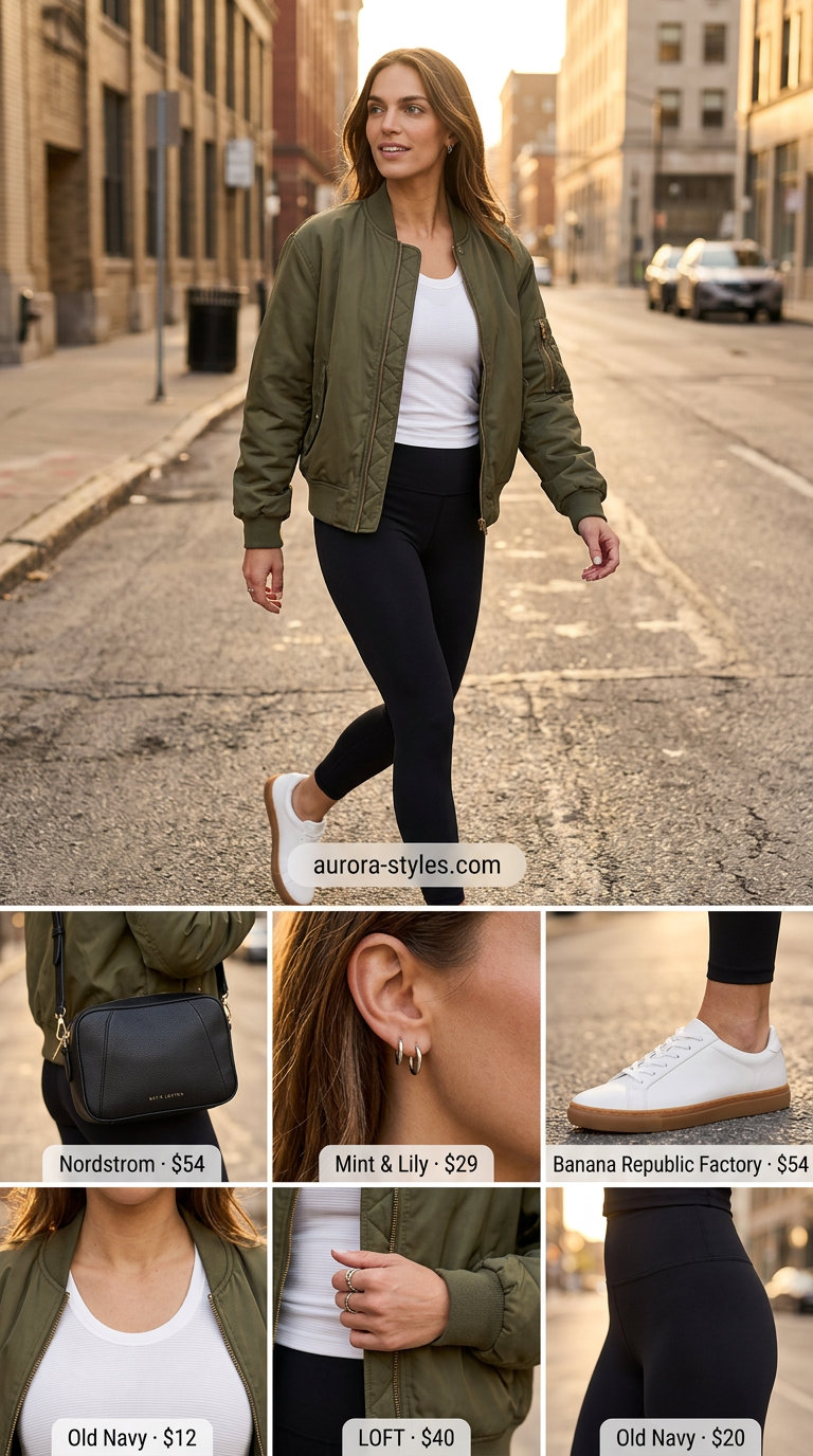 Olive green bomber jacket outfit with black leggings, white sneakers, and silver jewelry for summer 2026.