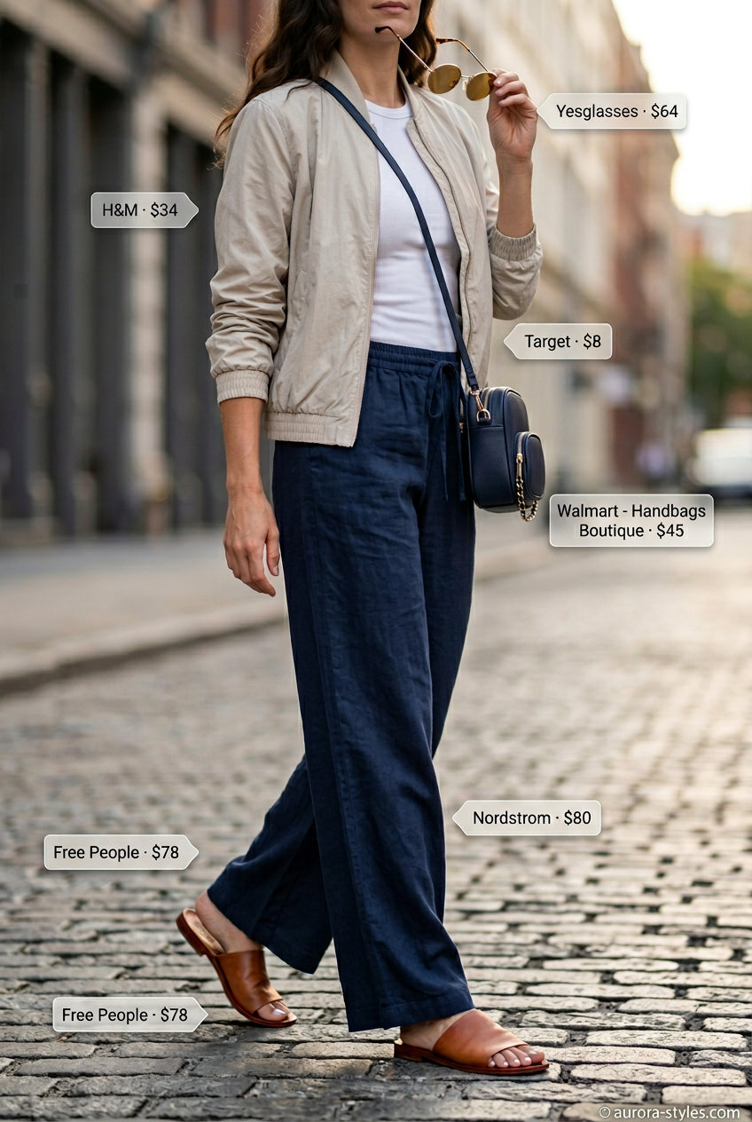 What to Wear with Bomber Jacket Summer 2026: Vacation outfit with beige bomber, wide-leg pants, and tank top.