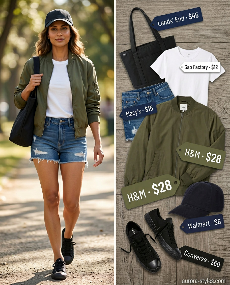 What to Wear with Bomber Jacket Summer 2026: Casual weekend outfit with khaki bomber, denim shorts, and sneakers.