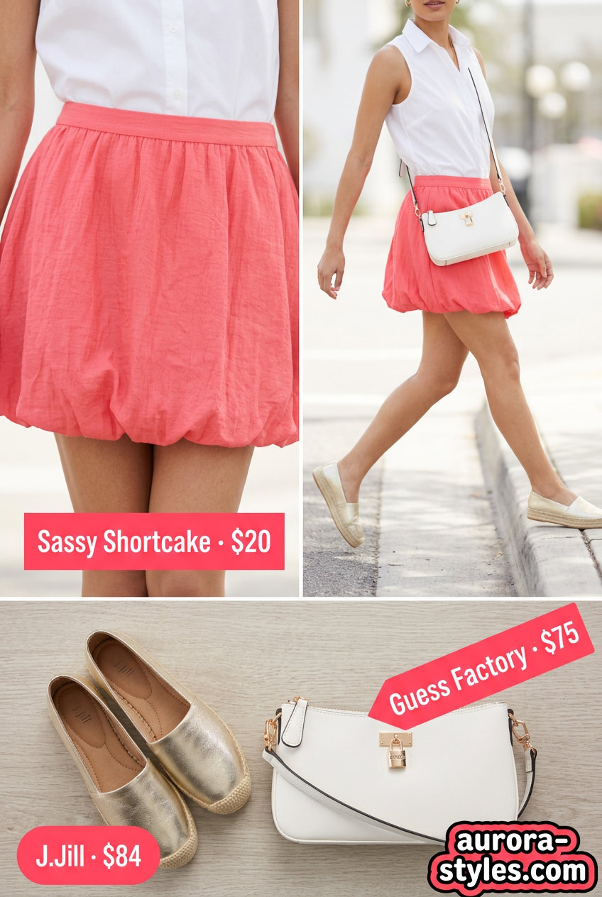 What to Wear with Bubble Skirt Summer 2026: Fun coral bubble mini skirt with white blouse & gold espadrilles for a party.