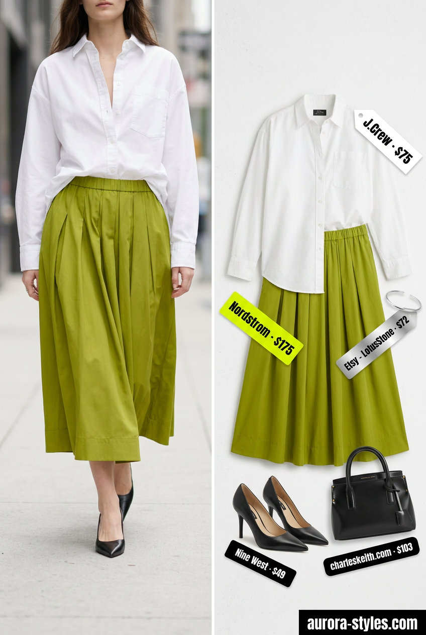 What to Wear with Bubble Skirt Summer 2026: Polished olive green pleated midi skirt with white shirt & structured bag.