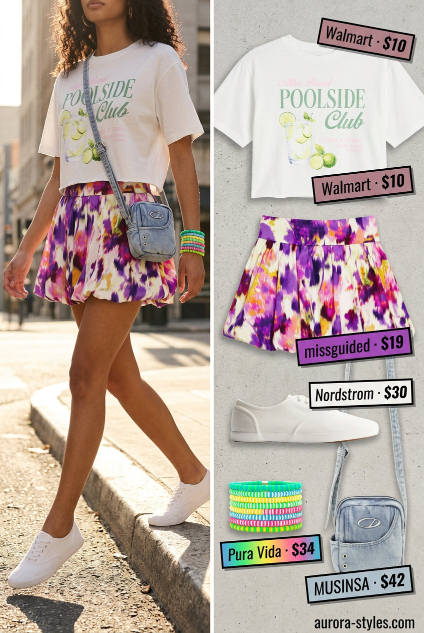Colorful bubble skirt with graphic tee & sneakers for a playful summer festival 2026.