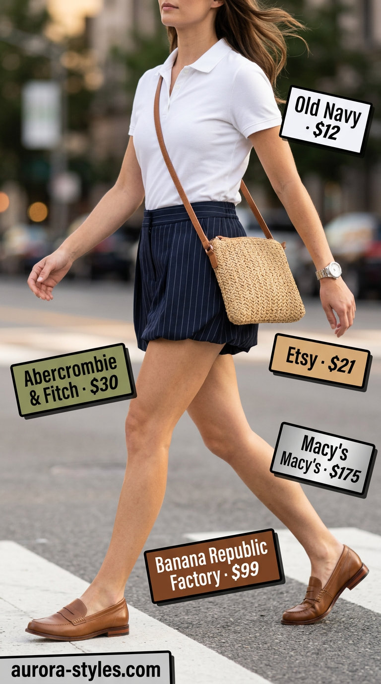 Navy bubble skirt with white polo & loafers for a preppy summer day outfit 2026.