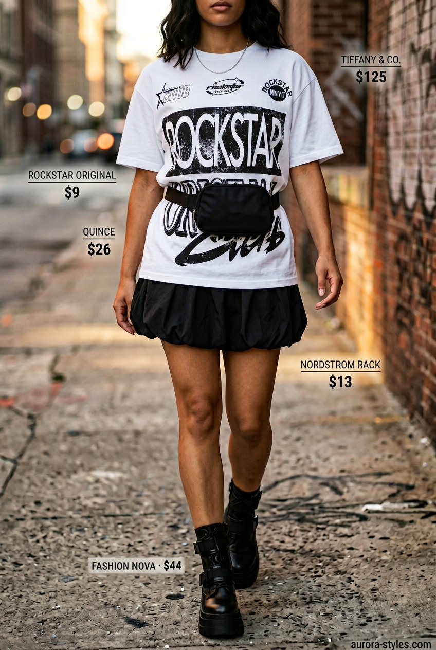 Black bubble skirt with graphic tee, combat boots & crossbody bag for edgy city exploration 2026.