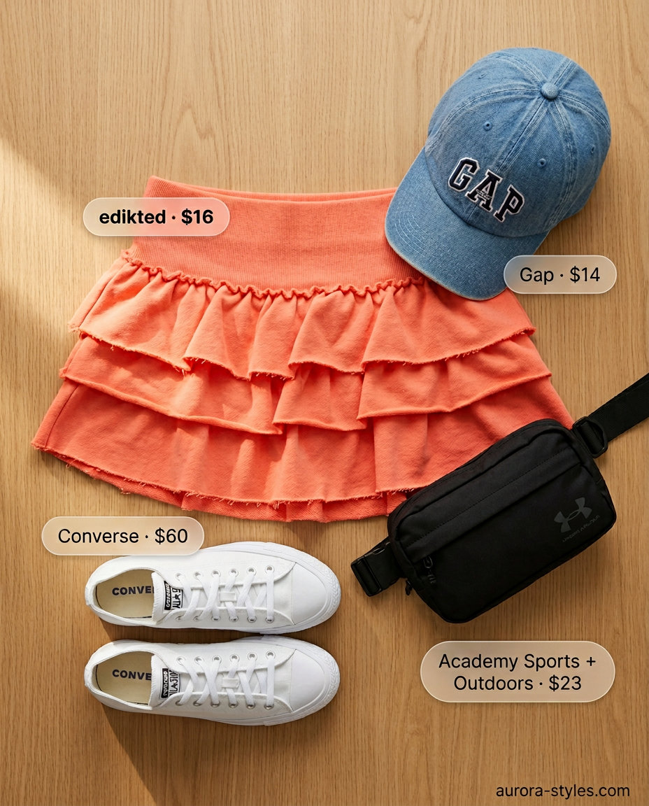 What to Wear with Bubble Skirt Summer 2026: Playful coral tiered mini skirt with graphic tee, sneakers & belt bag.
