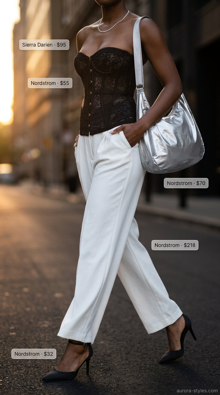 Sleek black lace corset top with white wide-leg trousers for a confident night out in summer 2026.