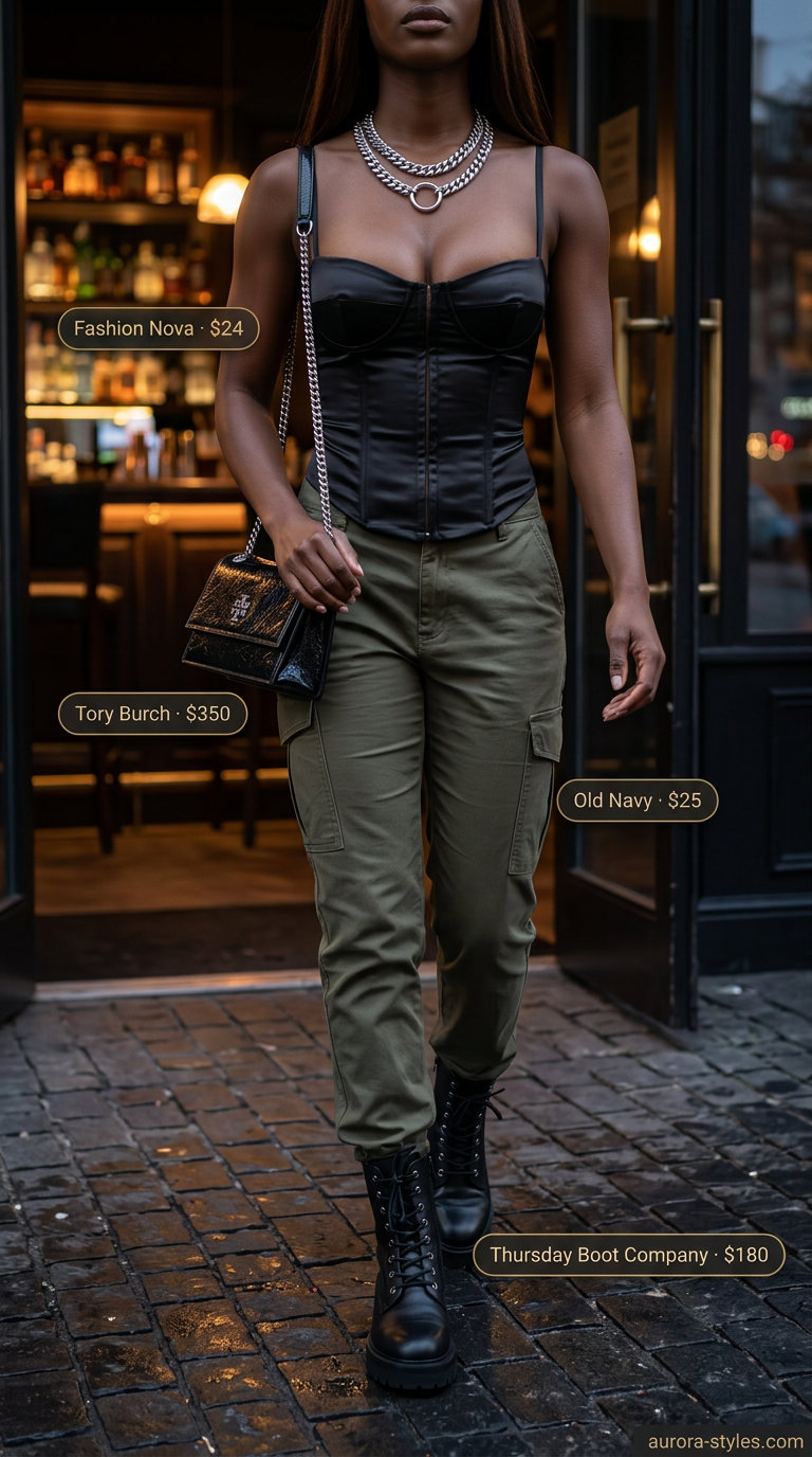 Edgy black satin corset top with olive green cargo pants for a bold night out look in summer 2026.