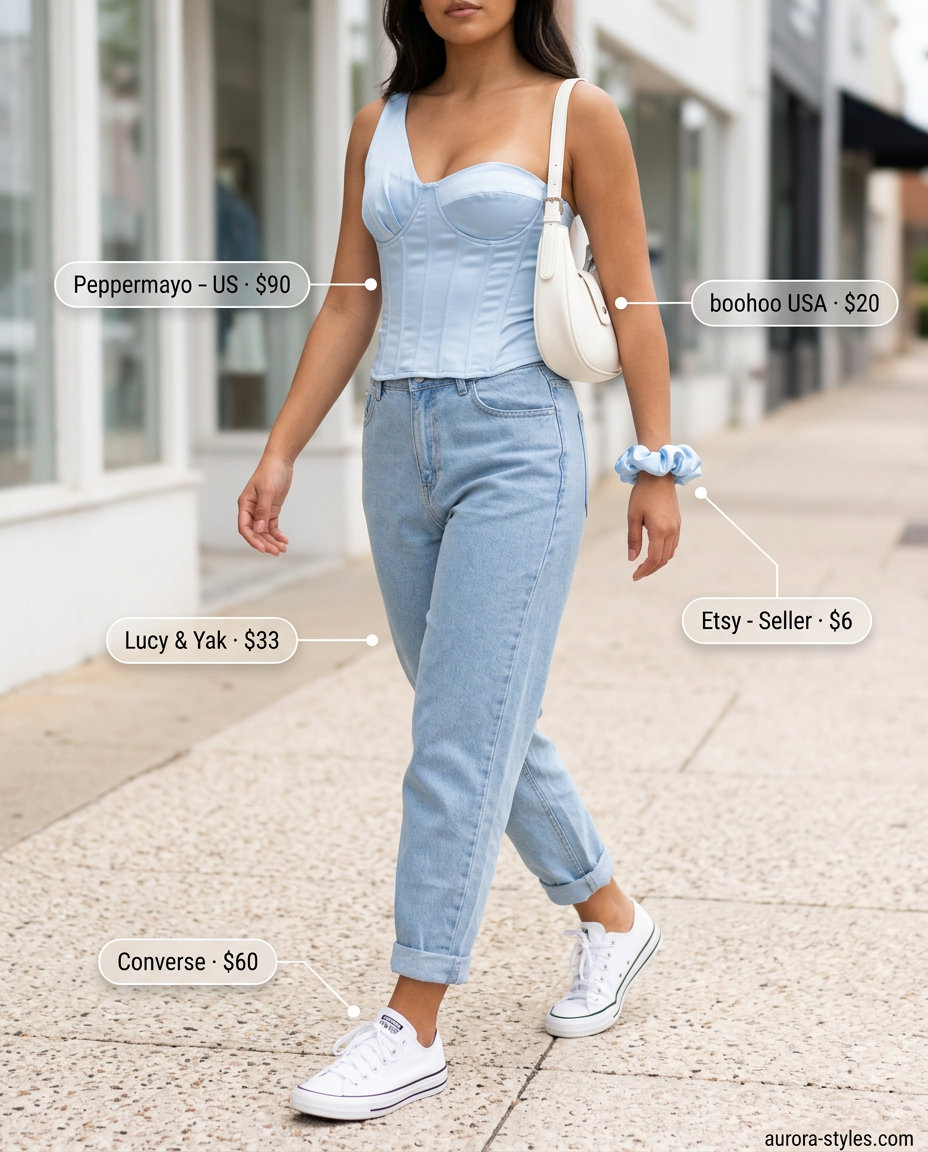 Retro pastel blue knit corset top with light-wash mom jeans for a cool casual day out in summer 2026.