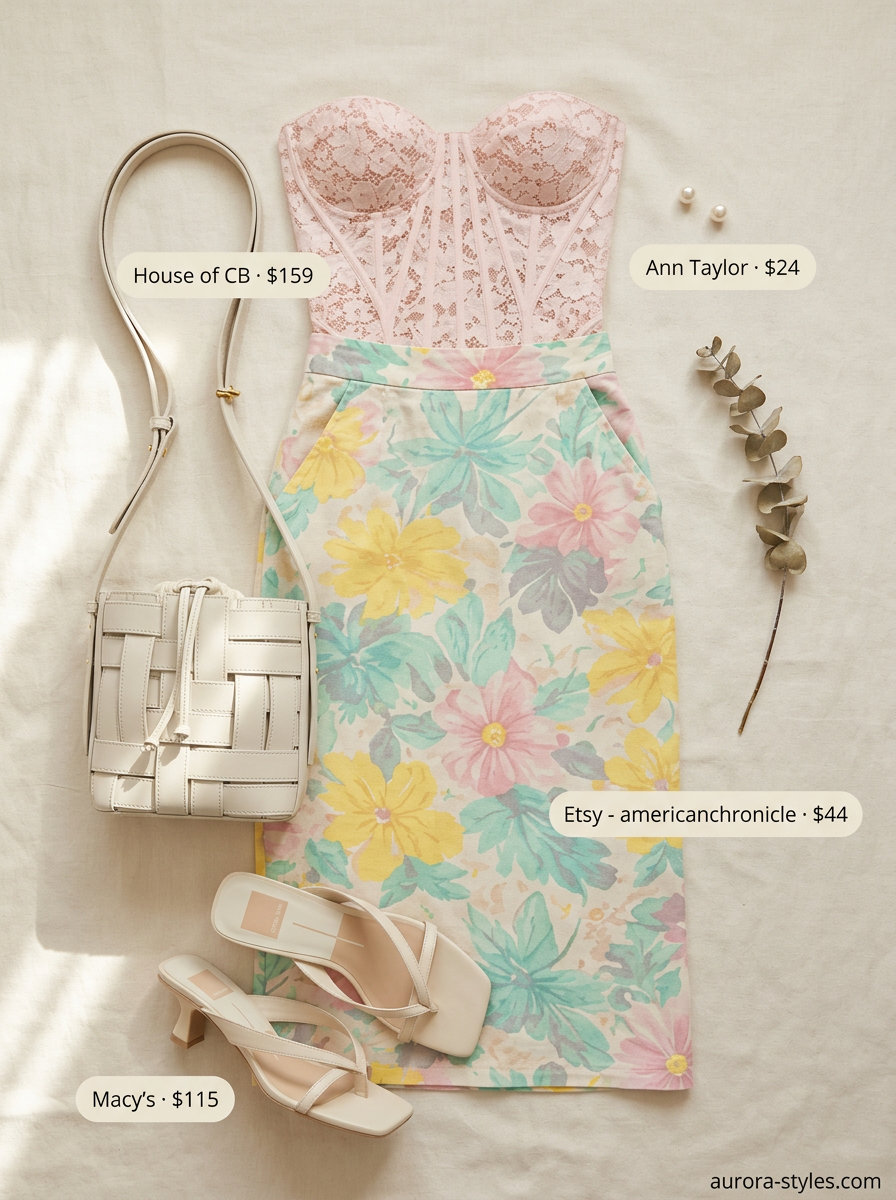 Blush pink lace corset top with pastel floral midi skirt for a romantic garden party in summer 2026.